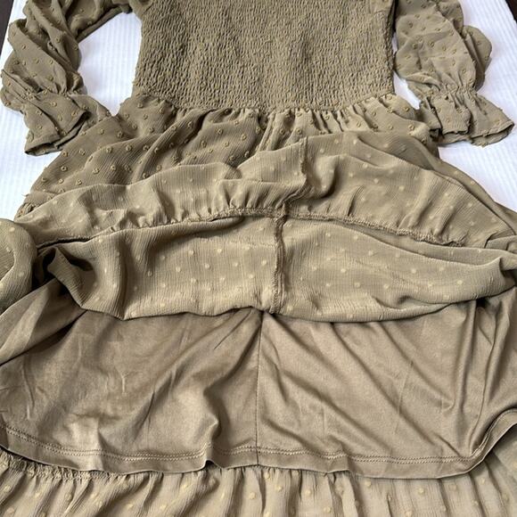 Anthropologie By The River Dot Swiss Smocked Tiered Midi Dress Olive Gre… - Picture 12 of 13
